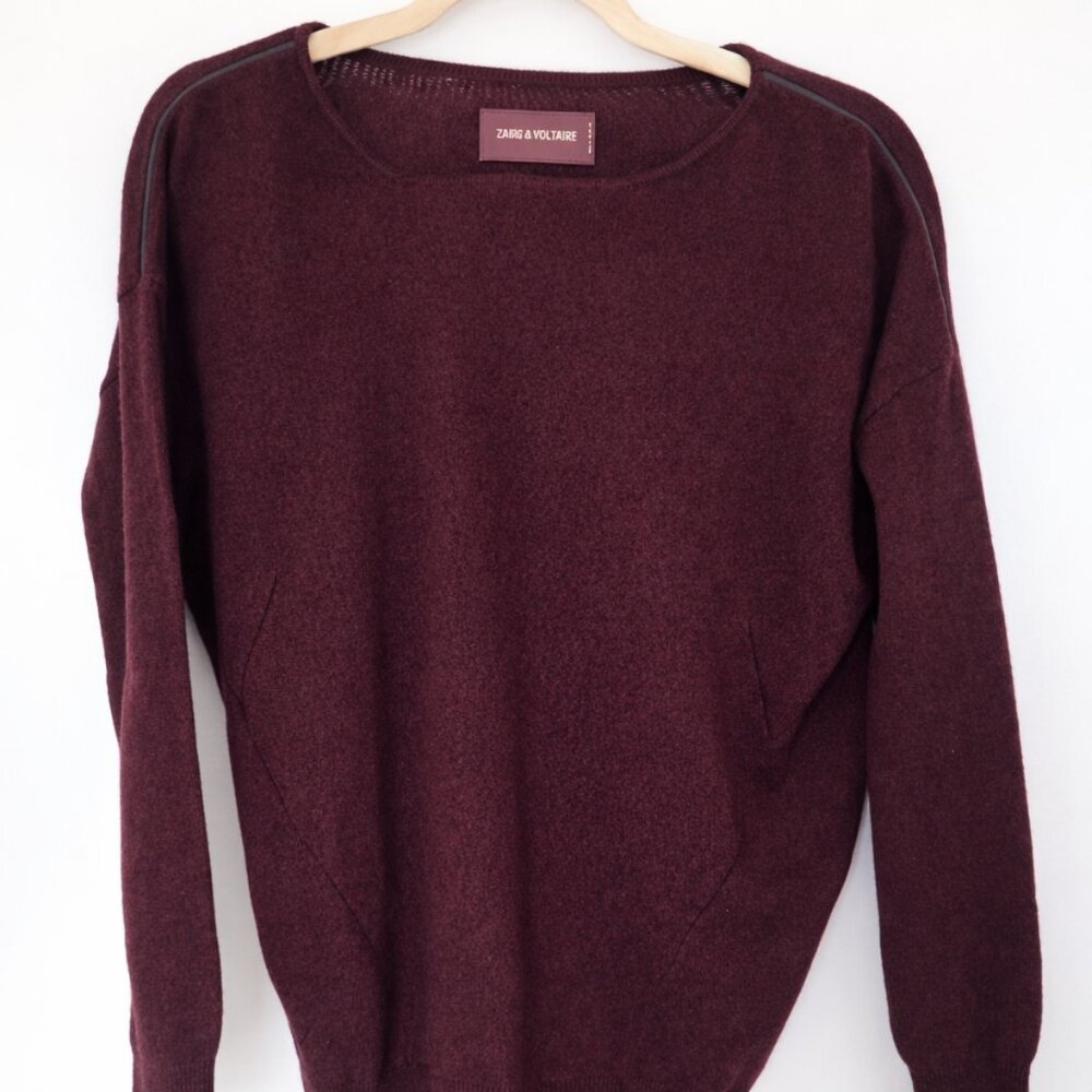 Zadig & Voltaire Burgundy Wool Cashmere Sweater with Leather Detail